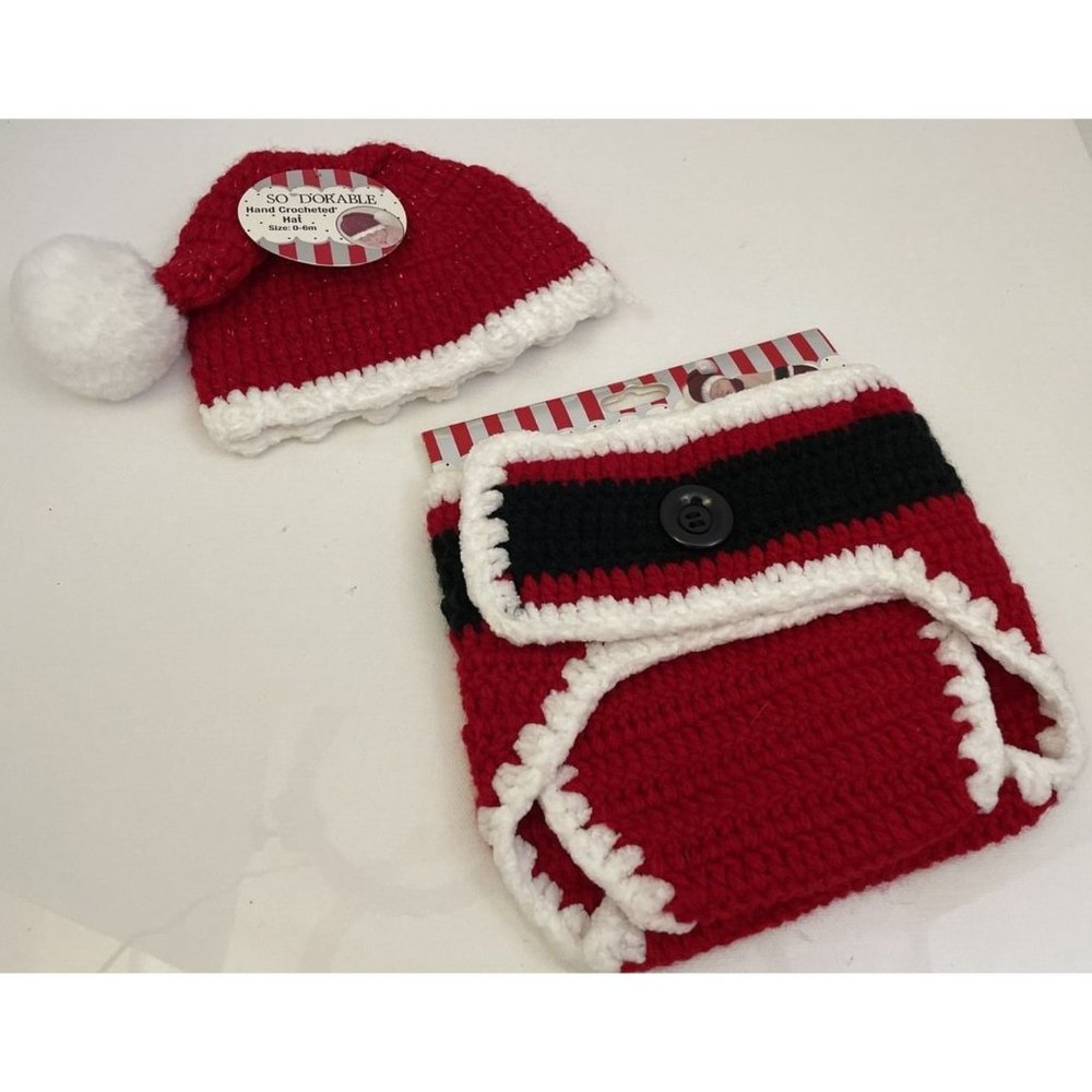 So Dorable Santa Claus 0-6M Diaper Cover & Hat Christmas Hand Crocheted - NEW